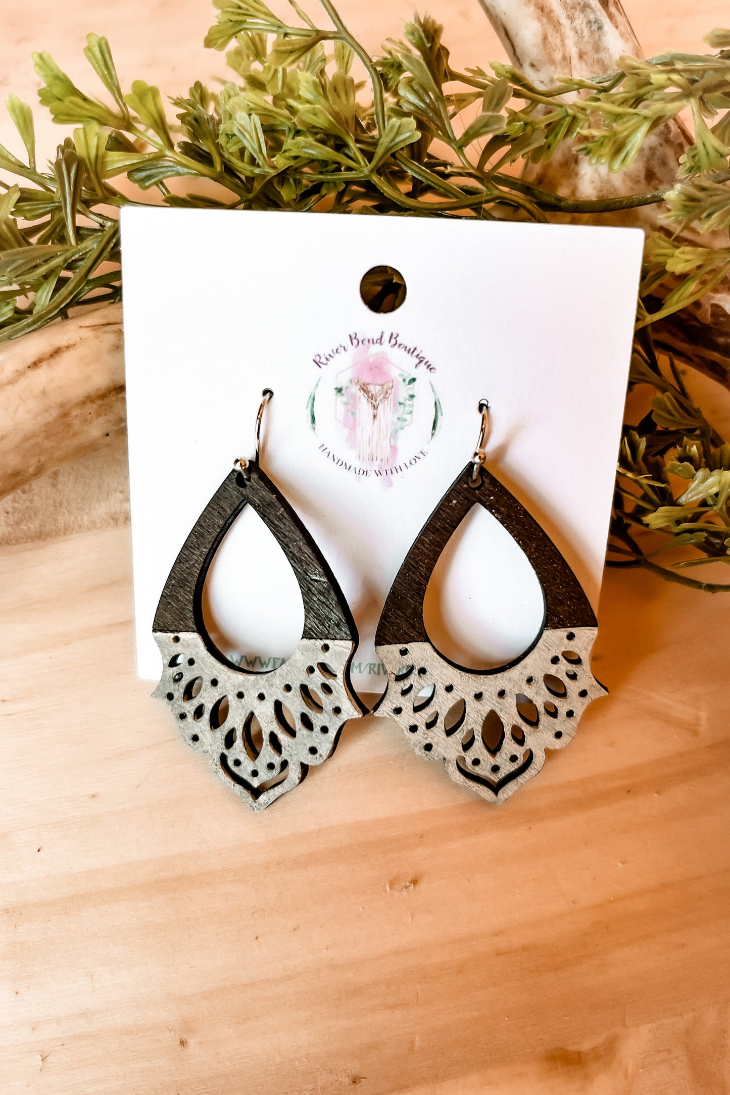 Wood Mandala Teardrop Earrings
