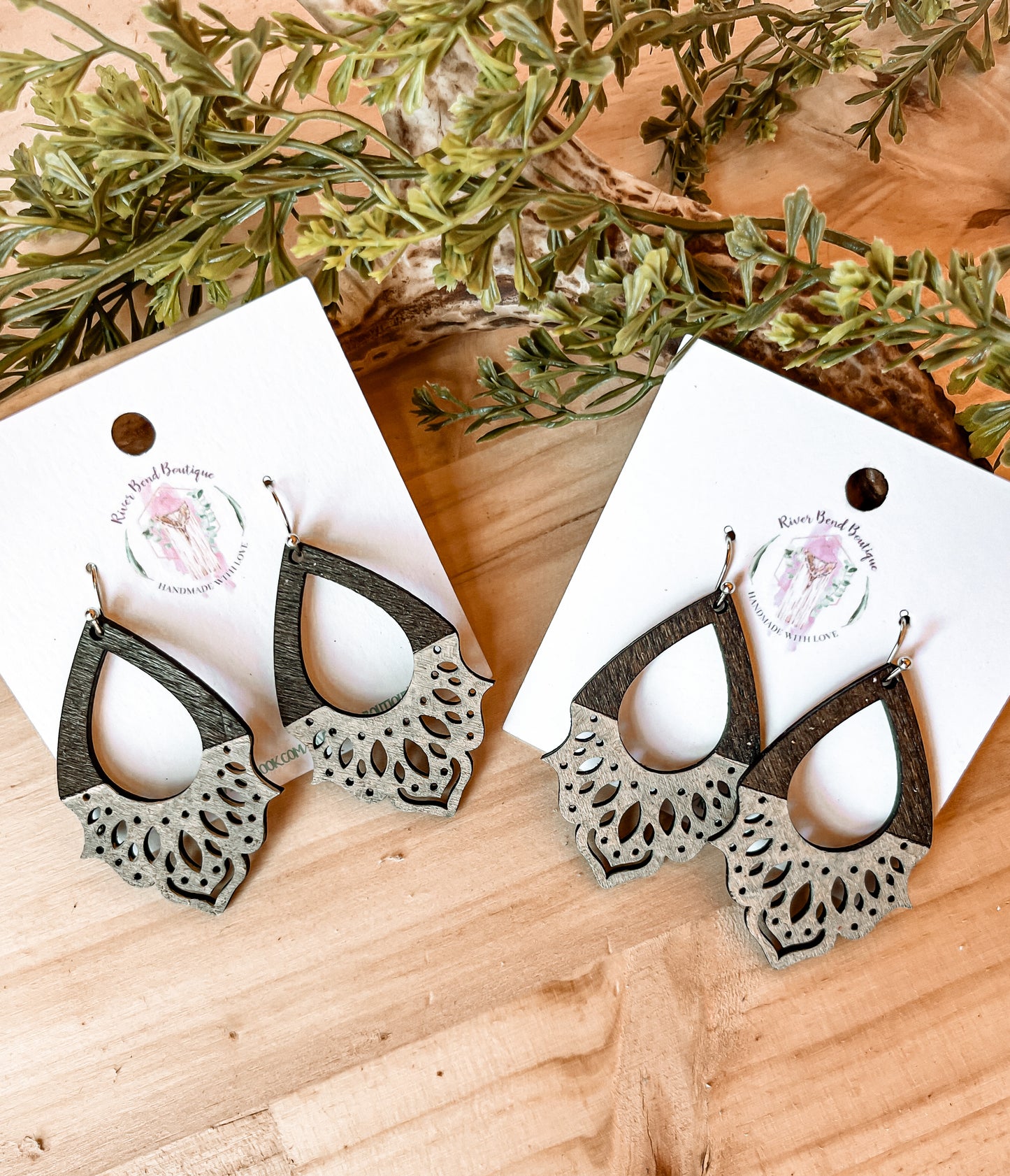 Wood Mandala Teardrop Earrings