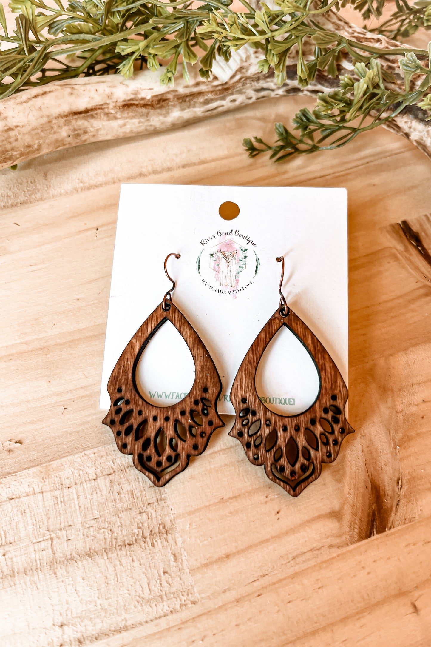Wood Mandala Teardrop Earrings